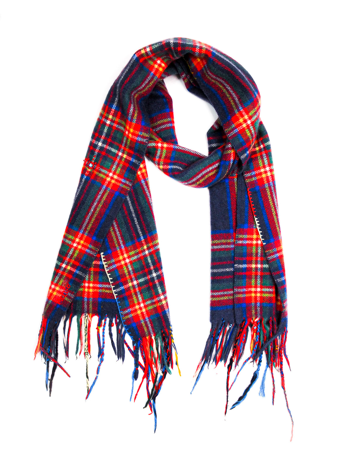 Bestickter Tartan Karo Schal Blau-Rot - 100% Kaschmir