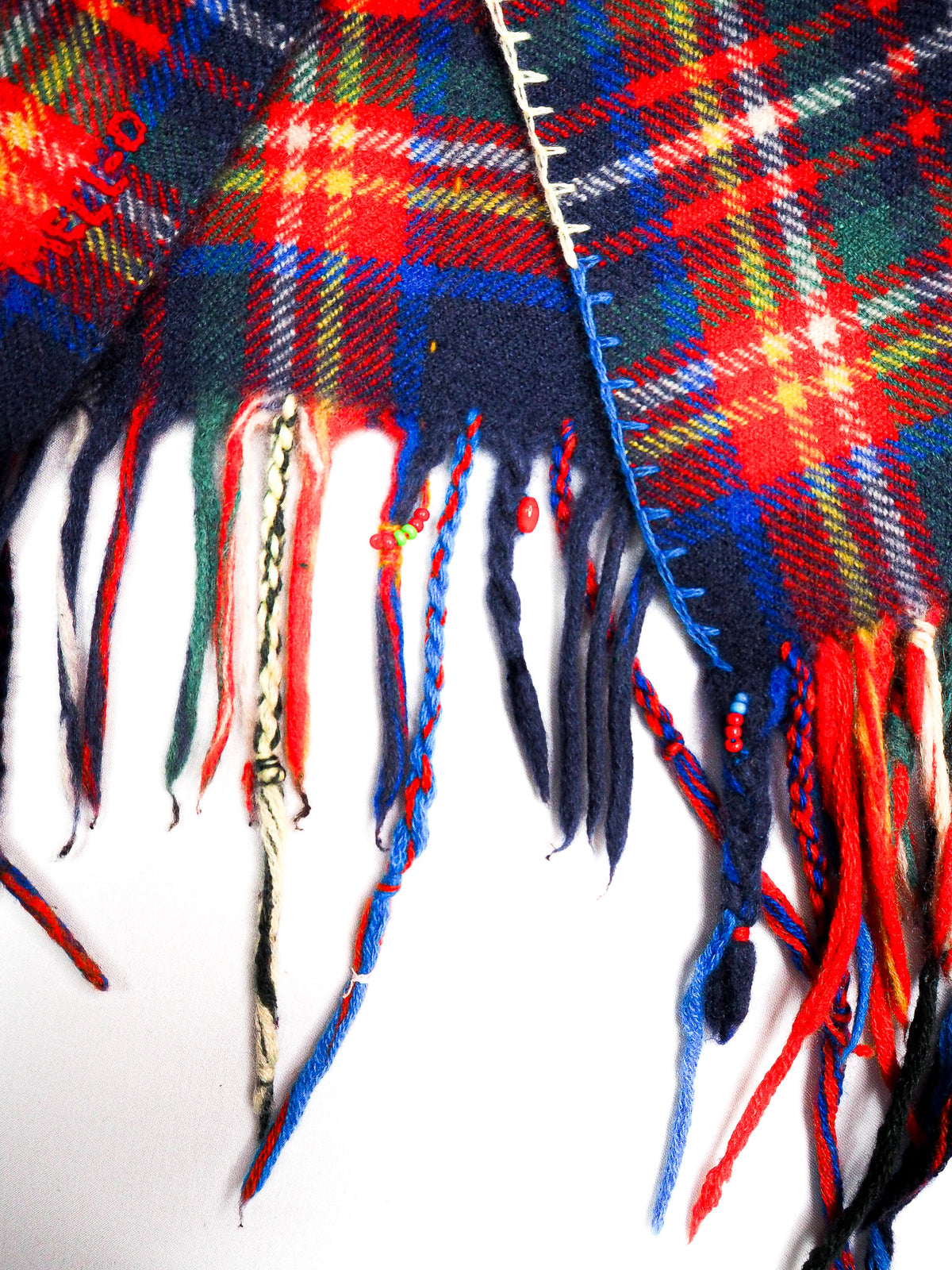 Bestickter Tartan Karo Schal Blau-Rot - 100% Kaschmir