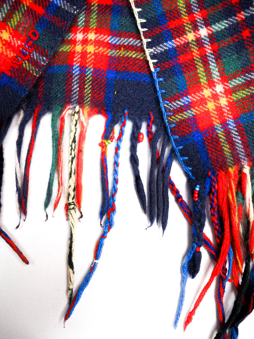 Bestickter Tartan Karo Schal Blau-Rot - 100% Kaschmir