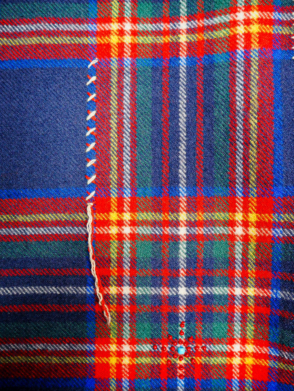 Bestickter Tartan Karo Schal Blau-Rot - 100% Kaschmir