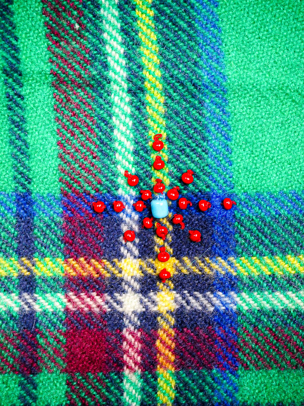 Bestickter Tartan Karo Schal Grün - 100% Kaschmir