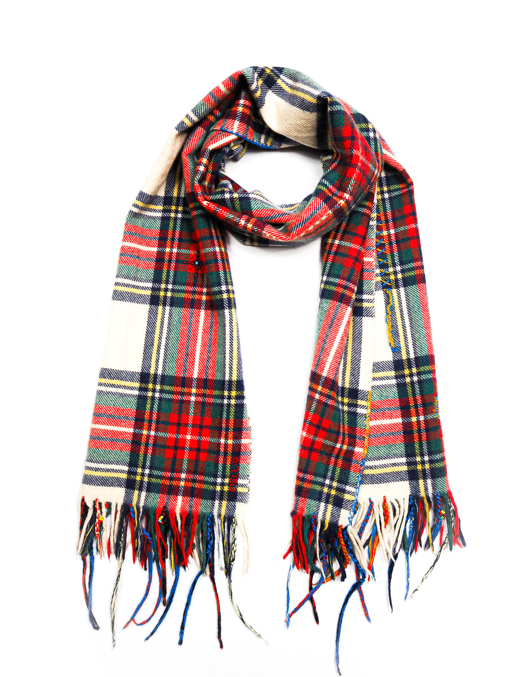 Bestickter Tartan Karo Schal Natur - 100% Kaschmir