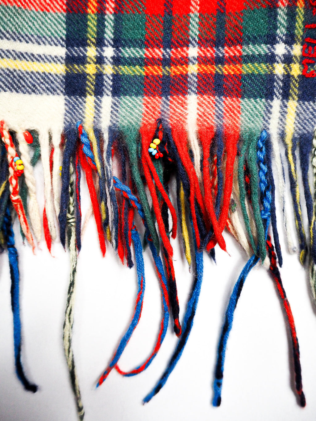 Bestickter Tartan Karo Schal Natur - 100% Kaschmir